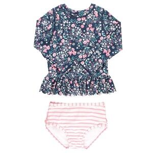 RuffleButts Long Sleeve Rashguard 2 Piece Swimsuit Moonlit Meadow Floral Size 3T